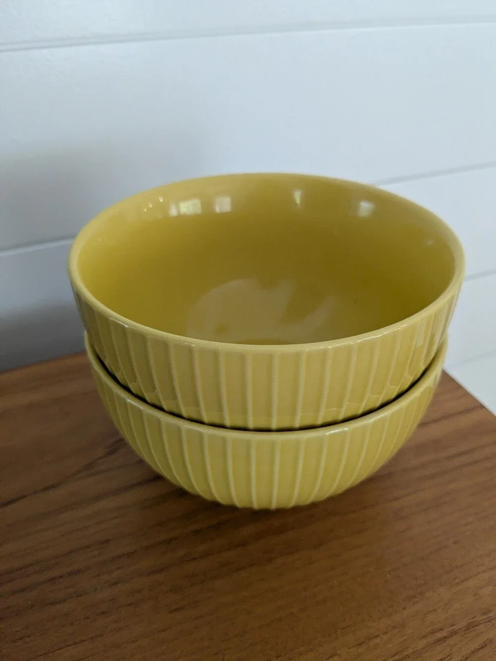 West Elm Bright Yellow Ribbed Ceramic Cereal Soup Serving Bowls - Set of 2